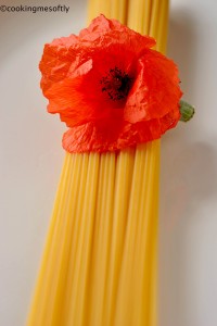 Spaghetti crudi e papavero con scritta