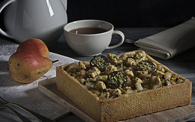Pistachios, pears and chocolate tart